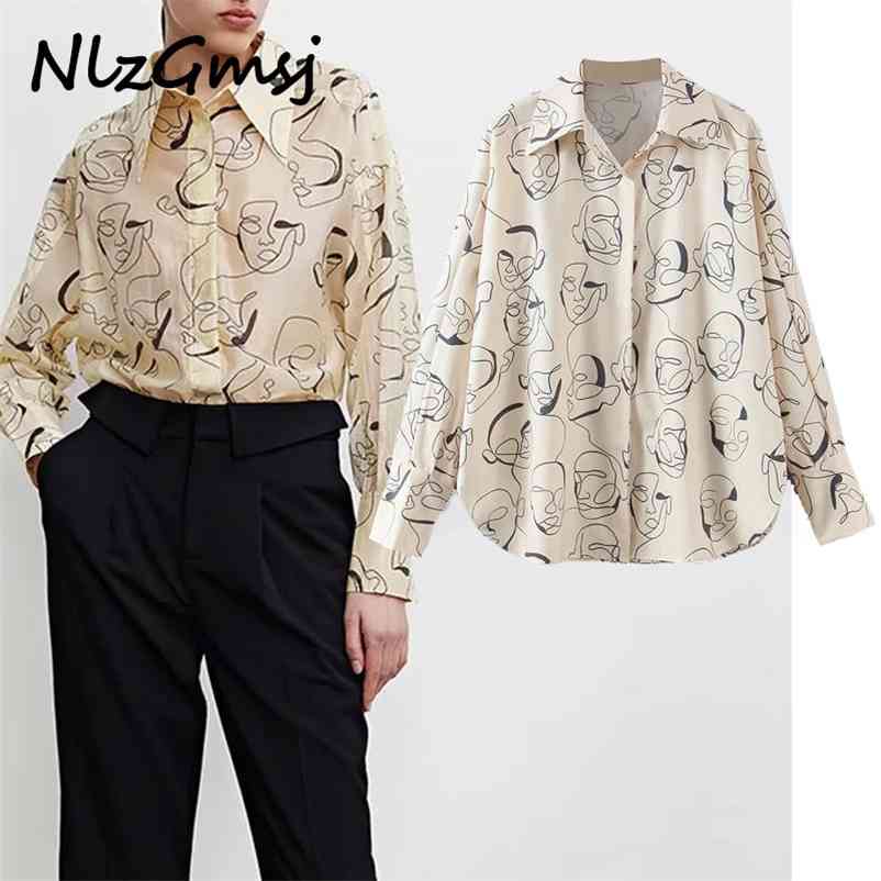 

Blouse Women' loose casual all-match slimming lapel face pattern printing blouse long-sleeve shirt 03 210628, As picture