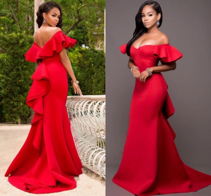 

2021 New Gorgeous Red Off Shoulder Prom Es Satin Backless Mermaid Evening Gowns Saudi Arabia Ruched Sweep Train Formal Party B7ug