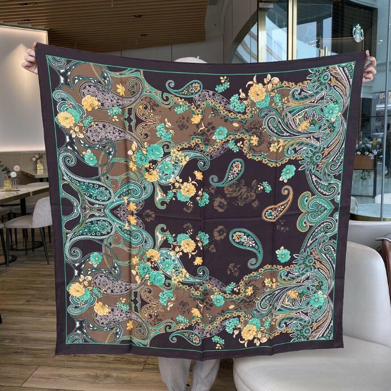 

Scarves 100% Twill Silk Scarf Women Boho Bohemian Tribal Style Paisley Shawl Hijab Sand Wash Kerchief Head Neck Bandana 105*105cm, Blue;gray