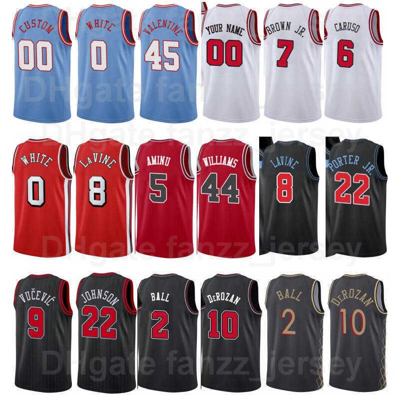 

Screen Print Basketball Patrick Williams Jersey 44 Denzel Valentine 45 Alize Johnson 22 Troy Brown Jr 7 Derrick Jones 5 Devon Dotson 3 Red, Black