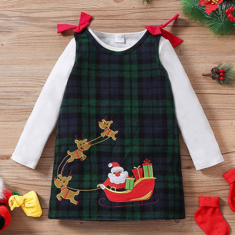 

Clothing Sets Fashion Girls Baby Christmas Clothes 2pcs Solid Long Sleeve Pullover T Shirts Tops Santa Embroidery Plaid Suspender Skirt, White