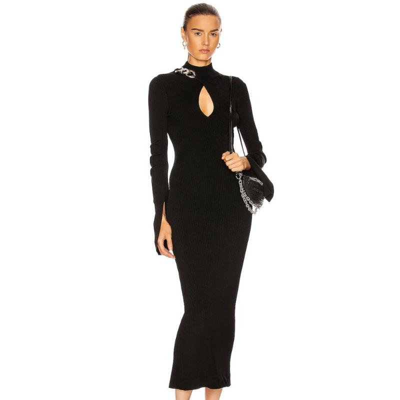 

Women Winter Sexy Long Sleeve Key Hole Chain Midi Bodycon Bandage Dress 2021 Elegant Evening Party Club Dress Vestidos, Black