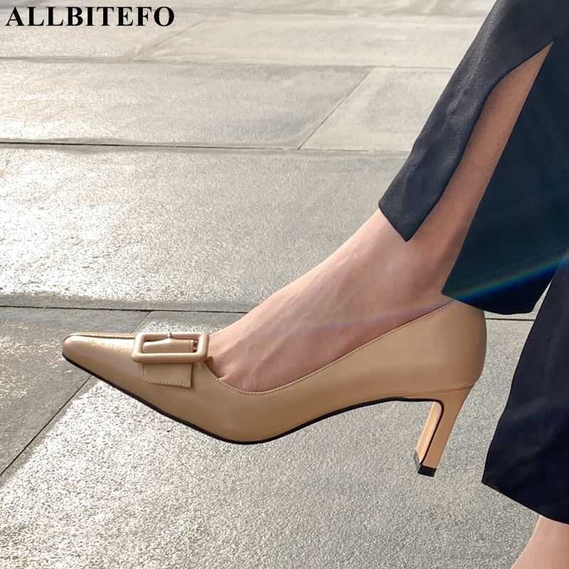

ALLBITEFO size 34-43 buckle design soft genuine leather women heels shoes fashion sexy high heels simple basic high heel shoes 210611, As picture