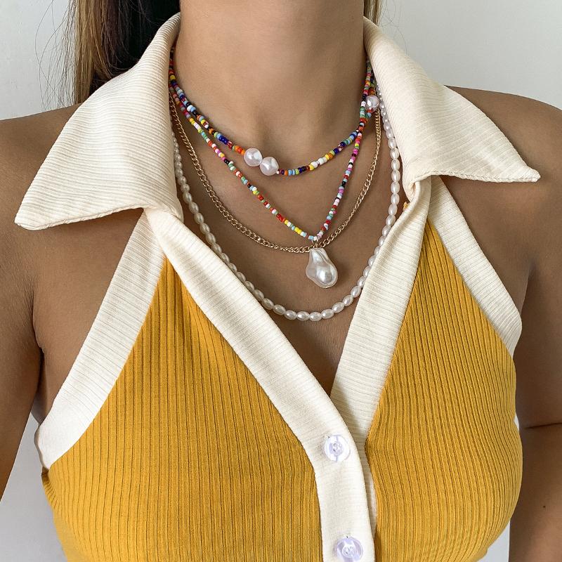 

pendant necklaces tauam vintage multilayer imitation pearl choker necklace for women sweet girls small beads clavicle chain jewelry, Silver