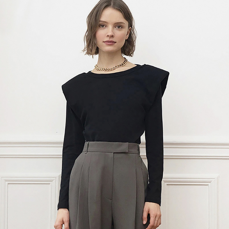 

2021 New Elegant Shoulder-elegant Cushion Sleeved Long Cotton Hot Autumn Designer Tops Black Shirt Women's Shirts Wwbu