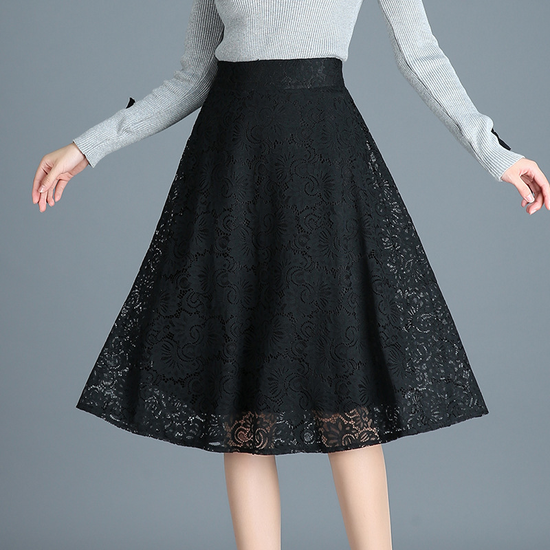

2021 New Vintage Black Lace Midi Women Summer Fashions Lady High Waist Long Skirt Elegant Office Maxi Skirts Rsis