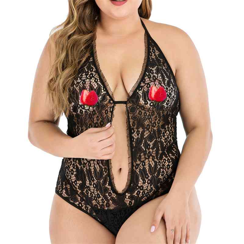 2021 large size sexy underwear perspective dress breast revealing fat girl lace black temptation one-piece passion-image-702897892