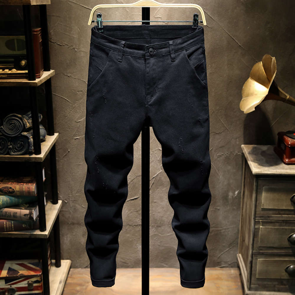 

Autumn men's loose stretch large size pants slim fit leg jeans scratch small hole fashion brand, Blue