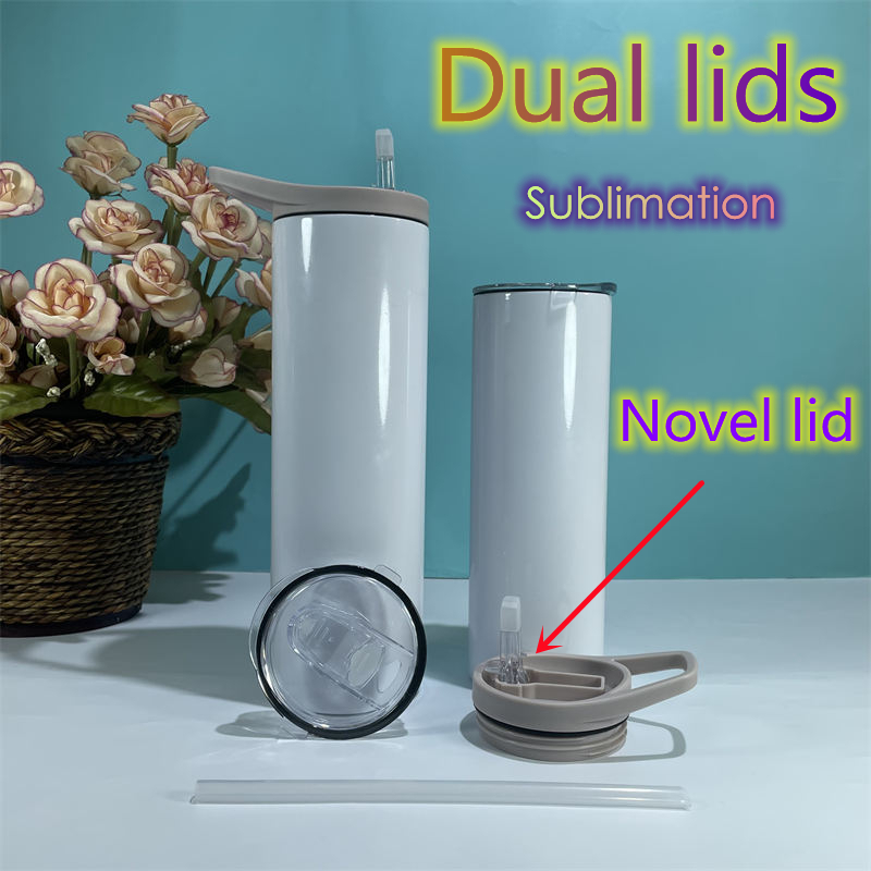 

20oz Sublimation Straight tumblers Dual lids Blank Skinny Glossy tumbler With clear Straw White box Stainless Steel Portable Double wall Vacuum Insulated Cups A15, Dual lids tumblers