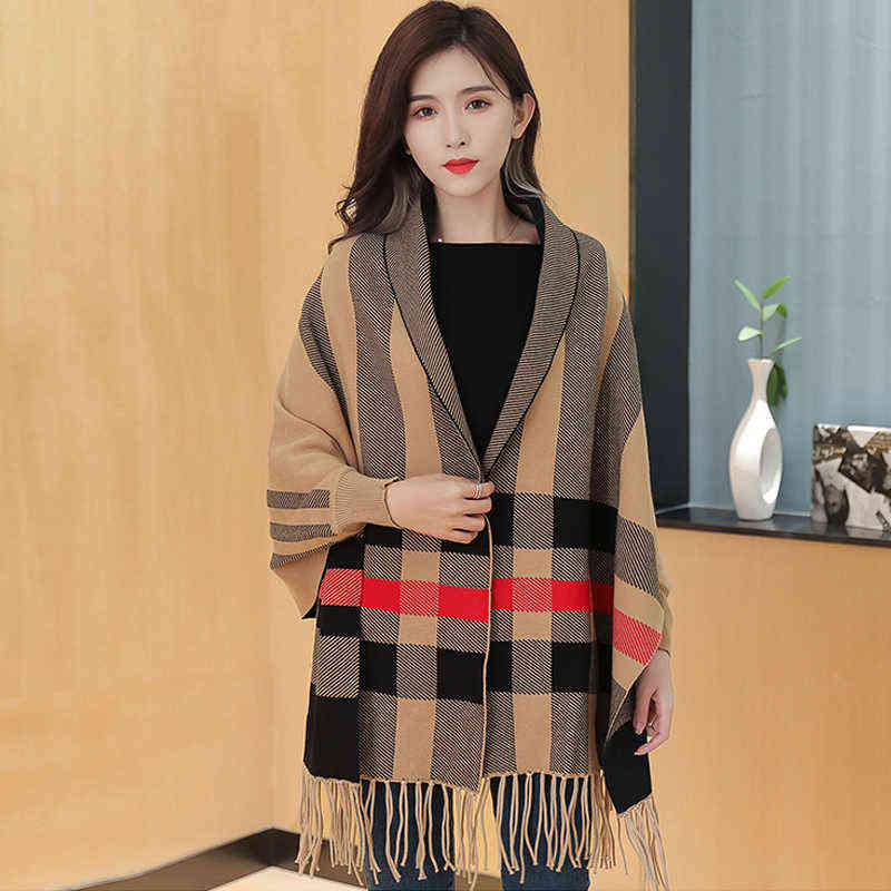 

ZJZLL 2021 Wholesale Knit Tops Classic Plaid Cloak Warm Custom Winter Capes Scarves Shawls Cashmere Pashmina Wraps Women Poncho Y1122