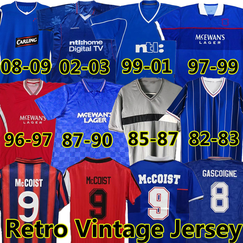 

GASCOIGNE Glasgow Rangers Retro soccer jersey 1982 87 88 90 92 93 94 95 96 97 99 2001 02 03 ALBERTZ McCOIST LAUDRUP Home Blue Away Third vintage Classic football shirts, 1999-00 away