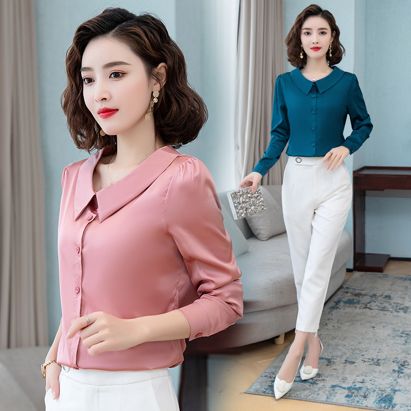 

Spring Runway Elegant Satin Shirt Plus Size Long Sleeve Lapel Neck Autumn Winter Women's Button Tops Slim Office Ladies Designer Silk Blouse, Orange