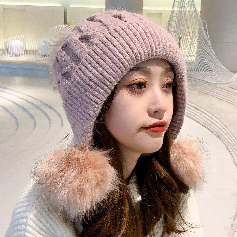 

Caps & Hats Plush Thick Hair Hat Women's Winter Cold Proof Wool Ball Knitted Outdoor Student Cycling Ear Protection Cover, Yellow