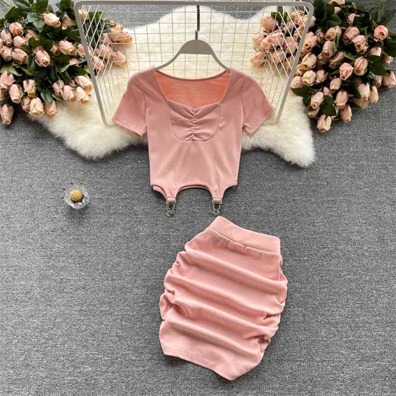 

Casual Women's Two Piece Set Summer Clothing Sets Short Sleeve Skinny Cropped T-shirt Top + Ruched Mini Penci Skirt Suits 210603, Pink