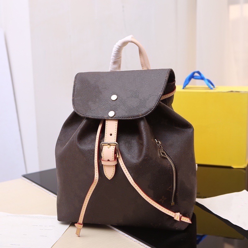 

Sperone Backpack Classic Women Fashion Cover Satches Coated Canvas Flower Brown White Check 2 Sizes MM BB Double Straps Ladies Rucksack, Brown flower