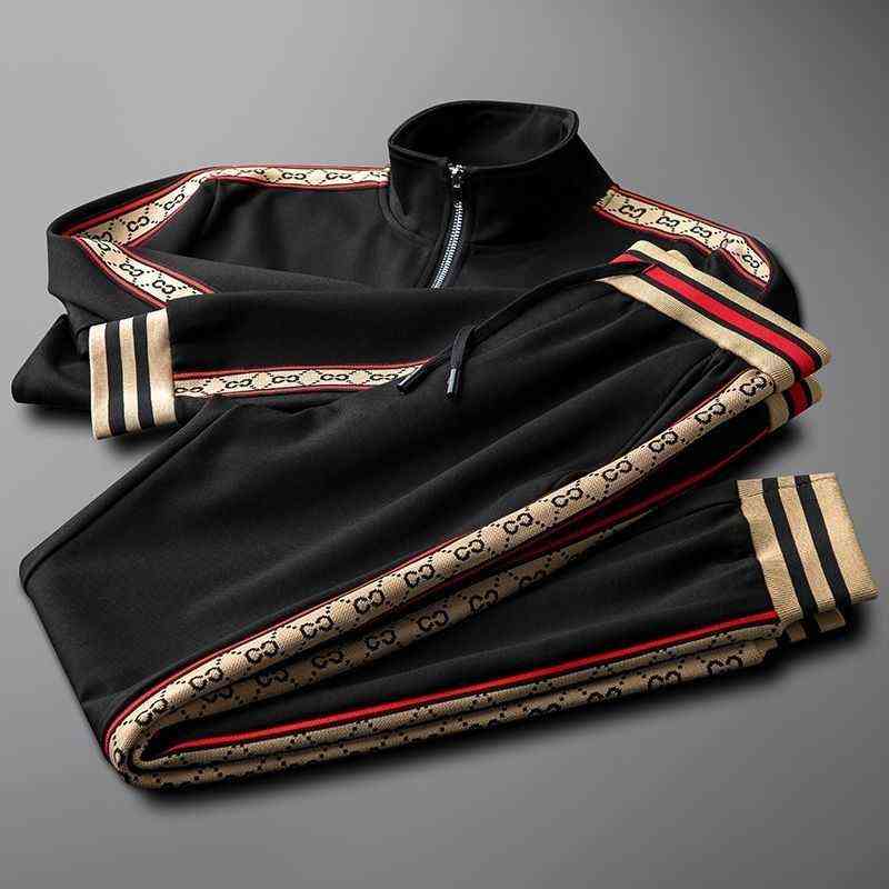 

Luxury Men Black Stand-up Collar Sports Suit Spring Autumn New Casual Two-piece Suit Zipper Jackets Trousers Tracksuit G1215, Red jacket