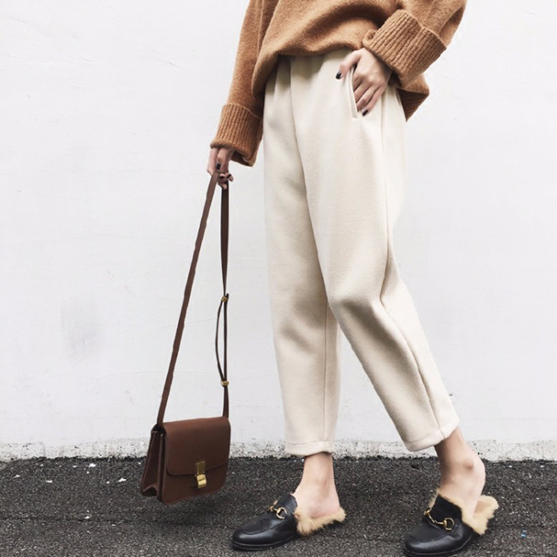 

2021 New Autumn Winter Warm Thick Woolen Women Harem High Waist Ankle-length Pant White Straight Work Pencil Pants Female Vzzz, Beige