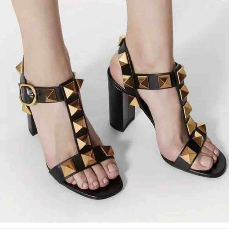 

2021 Summer High Quality Sandals Black Leather Rivet Thick Heel 9.5cm Fashion Luxury Ladies Party Shoes 6.5cm Large Size With Box, High heel 9.5cm black