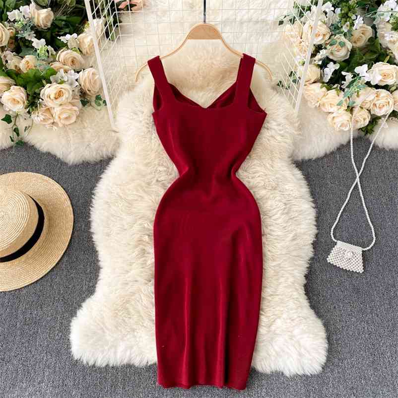 

Women Knitted Open Back Waist Buttocks Sleeveless Dress Solid Color V-neck Slim Fashion Spring Summer 11B580 210525, Yellow