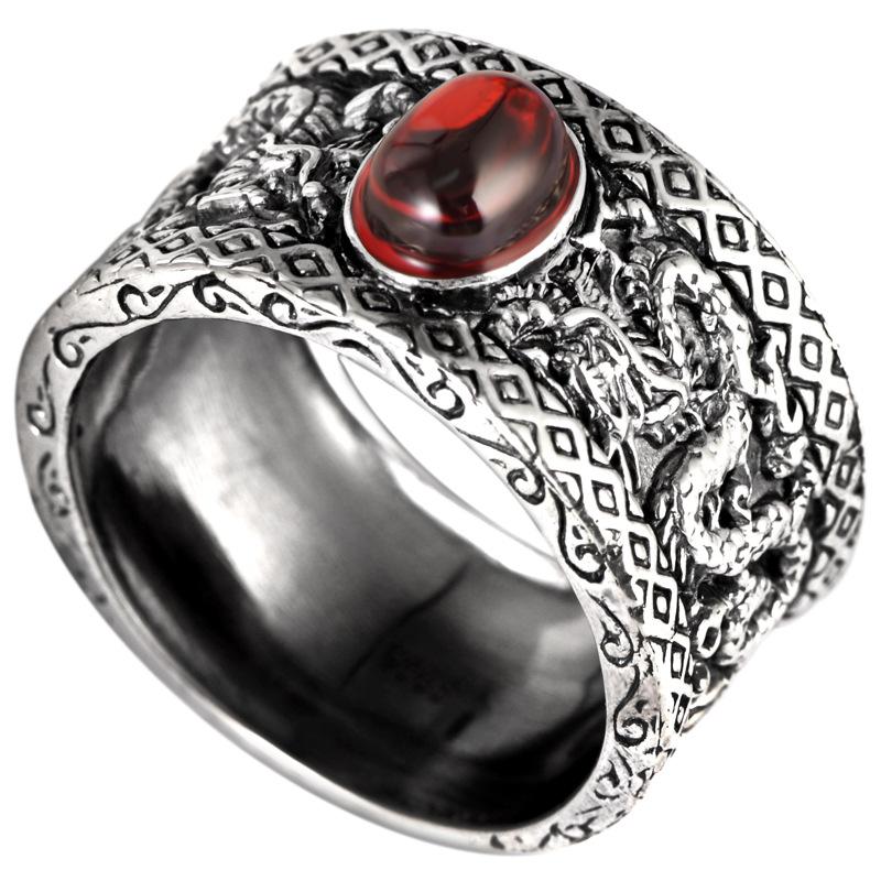 

Cluster Rings SA SILVERAGE S925 Sterling Silver Ring Men's Retro Marcasite Garnet Black Agate Wide Domineering Luxury Jewelry