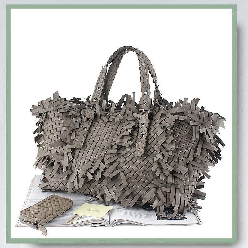 

Evening Bags Bag Women High-end Casual Tote 100% Sheepskin Weave Irregular Tassel Design Solid 2 Colors Fashion Ladies Luxury Handbags, As picture