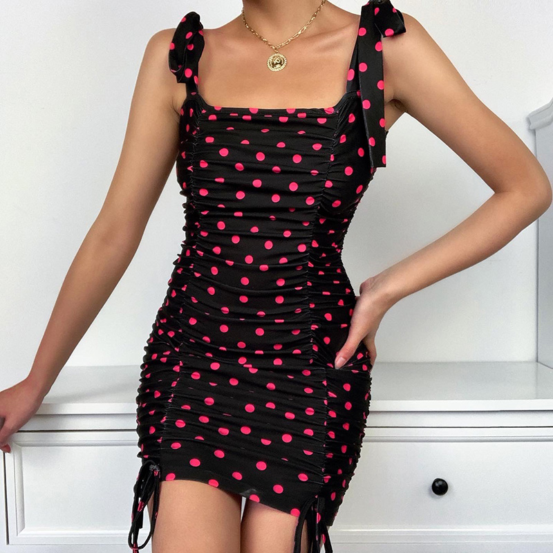 

women polka dot dress sleeveless drawstring side ruched tank dress 2021 fashion elegant casual bodycon mini dresses, Black;gray