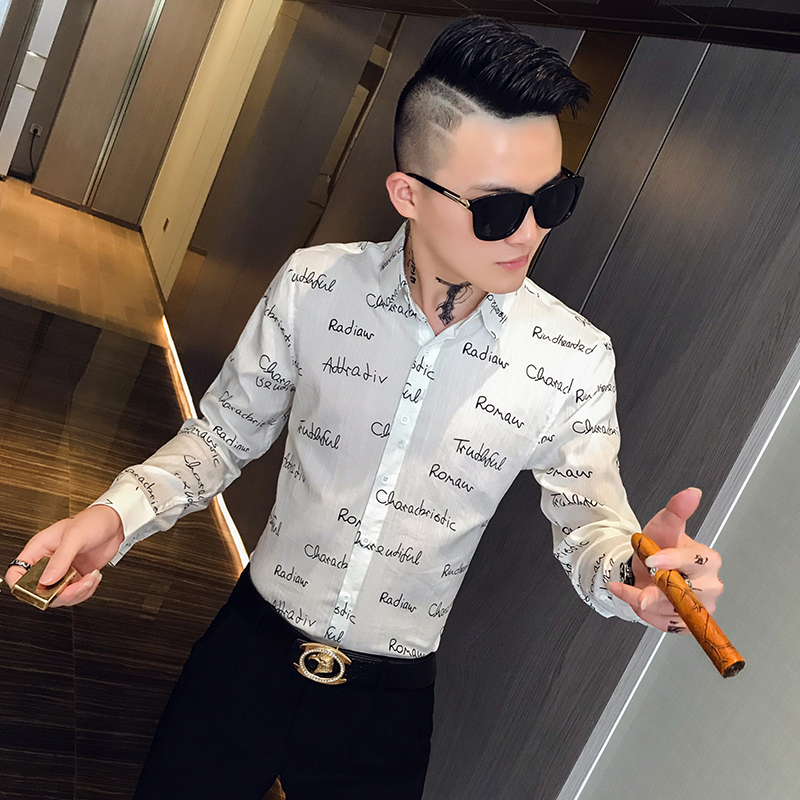 

New Primavera Novo 2021 Manga Longa Carta Impresso Camisas Para Roupas Masculinas Simples Fino Ajuste Casual Clube Noite Formatura Vestido L, Black