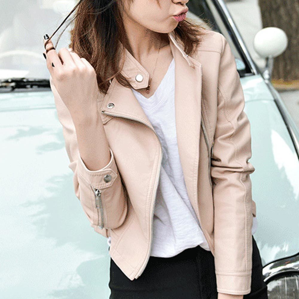 

2021 New Women Rivet Zipper Motorcycle Faux Soft Leather Coats Female Slim Paragraph Lapel Casual White Pu Jacket Uvw2
