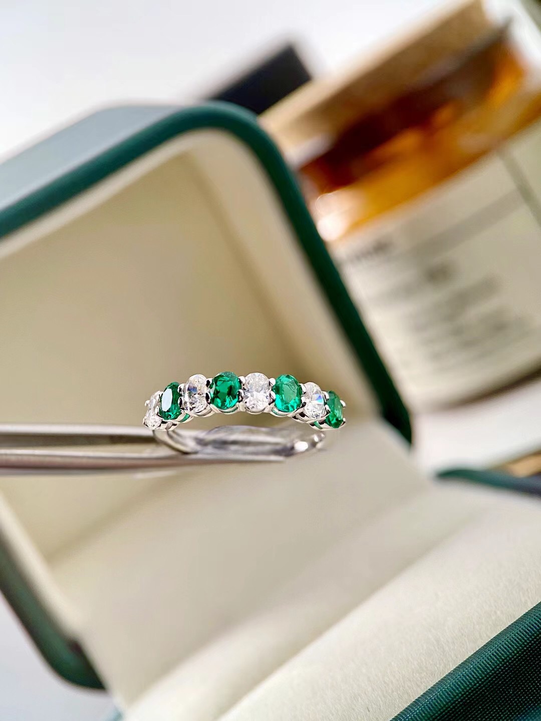 

S925 Silver Luxury quality Fashion design with line diamond green and white in 15'' punk charm ring have box PS3303