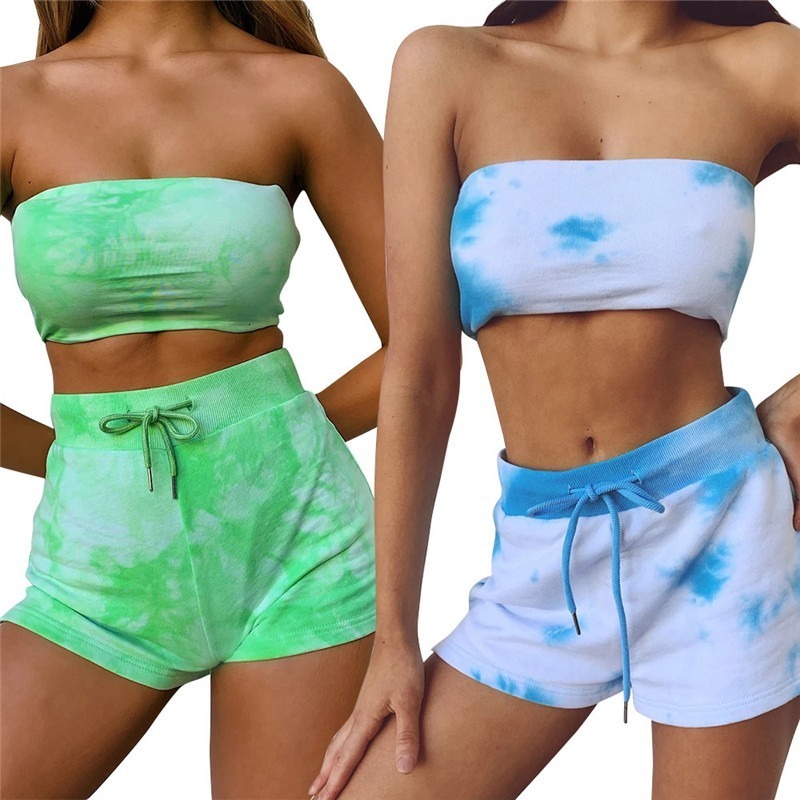 

2021 New Fashion Women Bandage Two Piece Set Summer Tracksuit Tie Dye Print Crop Top and Ny Shorts Pant Party Club Outfits N0ty, Green