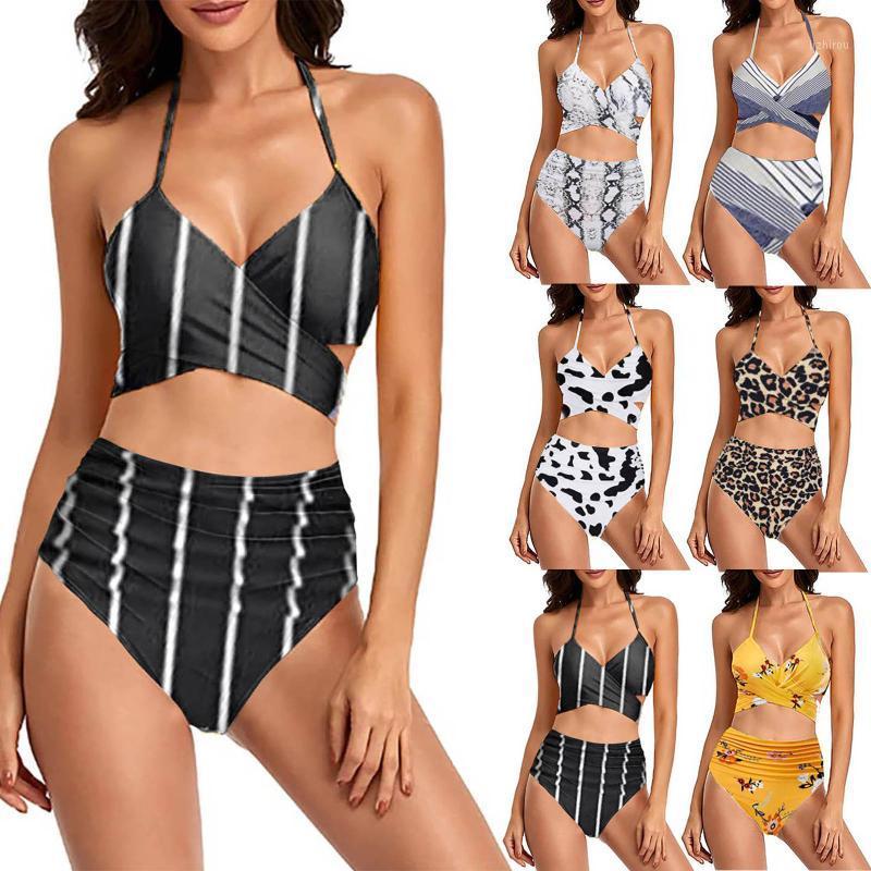 

Women' Swimwear Fashion 2021 Beach Sunbathing Women Cross High Waisted String Floral Printed 2 Piece Bathing Suit Bkini Brazilian, White
