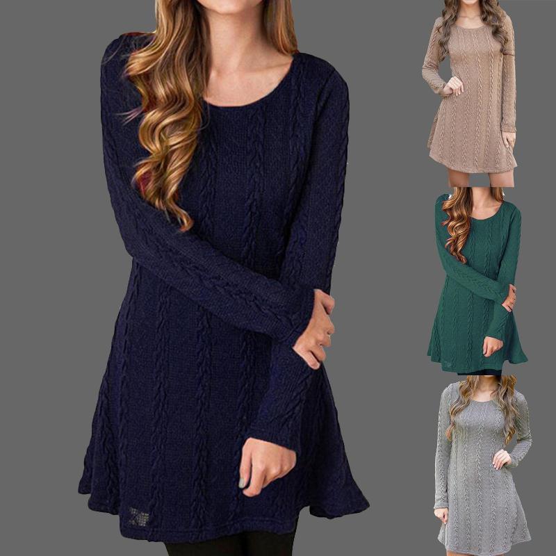 

Casual Dresses -5XL Elegant Women Autumn Winter Long Sleeve O Neck Twist Knitted A-Line Sweater Dress Female Chic Knit Sexy, Black;gray