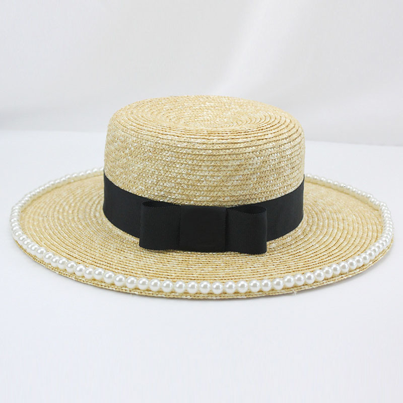 

2021 New Fine Wheat Straw Boater Women Black Ribbon Bow Wide Brimmed Sun Elegant Pearls Flat Panama Beach Ladies Summer Hat G0tt, Beige