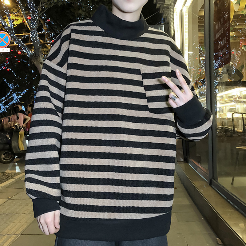 

EBAIHUI Striped Sweaters Men O-neck Splicing Preppy Style Thick Pullover Pocketed Winter Loose Couple Knitting Tops, Black