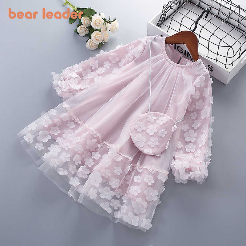 

Bear Leader Kids Girls Princess Sweet Dresses Spring Autumn Baby Girls Flowers Appliques Costumes Wedding Cute Vestidos With Bag 210708, Ah5771pink
