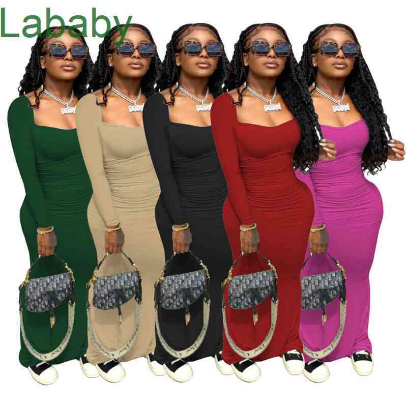 

Women Dress Designer Slim Sexy Long Sleeve BODYSUIT LONG SKIRT Solid Color Elastic Waist Pleated Dresses Ladies Hip Skirt 5 Colours, Khaki