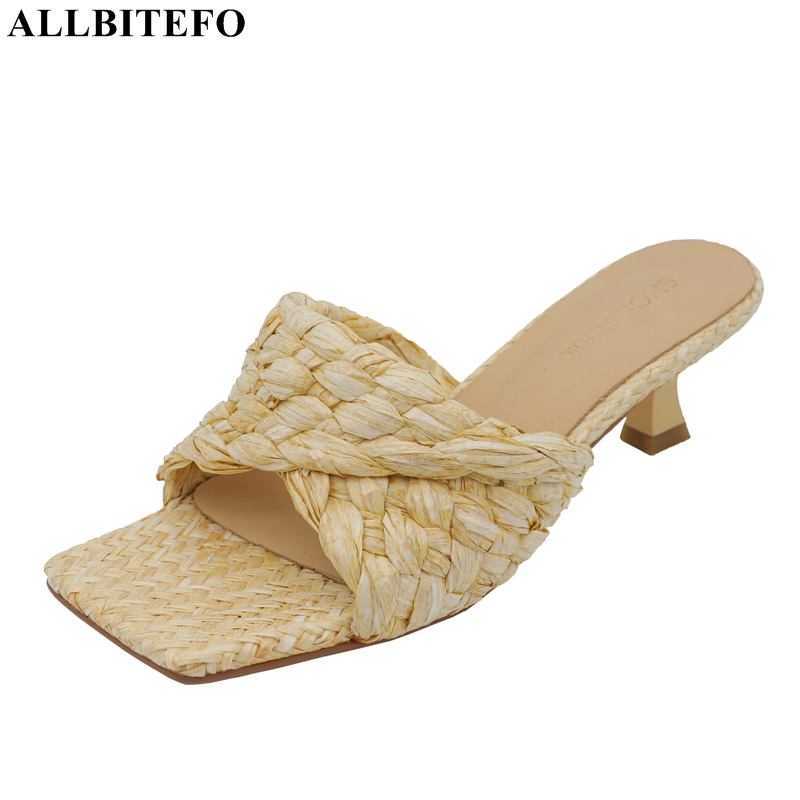

ALLBITEFO Straw Design Stiletto Genuine Leather Insole Women Heels Sandals Fashion Sexy Summer Slippers Flip Flops heels shoes 210611, As picture