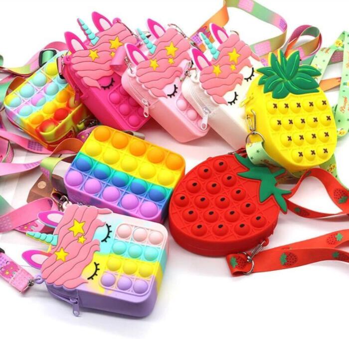 

party favor Fidget Pops Sensory Bubble Shoulder Bag Finger Push Phone Pouch Case Change Coin Purse Decompression Unicorn Toys for Kids christmas Gifts