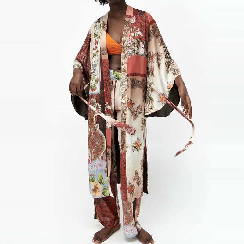 

Za Women Patchwork Print Sets Kimono Pants High Street 2 Pieces Sets Loose Kimono Trousers Suits OZZ1007 210603, Print pants-1008