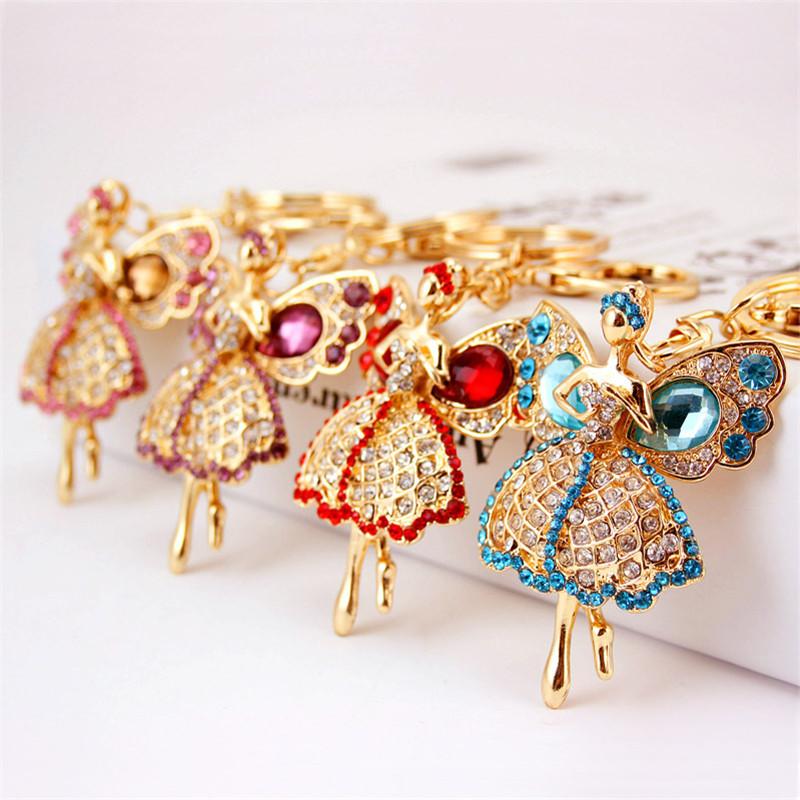 

Keychains 3pcs Gold Tone Plated Alloy Crystal Rhinestone Angel Wing Girl Pendant Key Chains Bling Beauty Car Keyschain