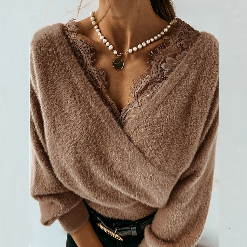 

2021 New Pullover Deep Solid Color Long Sleeve Cross V-neck Sweater Sexy Lace Plush Top Ladies Loose Woman Sweaters L4ks, White