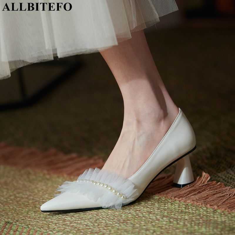 

ALLBITEFO sweet Lace Pearl genuine leather brand high heel shoes wedding women shoes thick heels women heels shoes size:34-43 210611, As picture