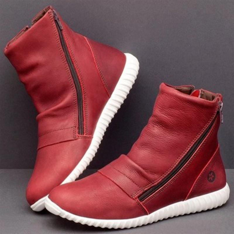 

Boots Punk Womens PU Waterproof Snow Boot Plus Cotton Warm Shoes Comfortable Flat Bottom Ladies, Red