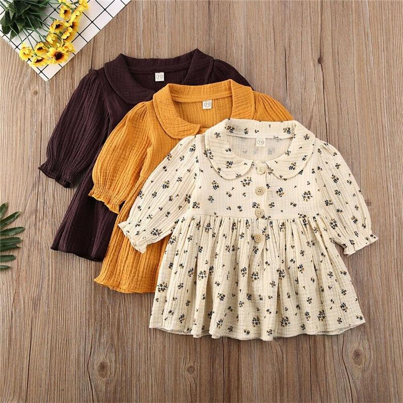 

Girl's Dresses Baby Girl Long Sleeve Dress Casual Party Doll Collar Button Floral Print Solid Color For 0-4Y, As picture