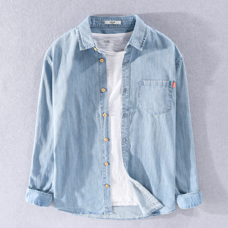 

2021 New Brand Long Sleeve Casual Denim Shirts Fashion Comfortable for Men Solid Trend Shirt Mens Chemise Camisa To5q, Light blue