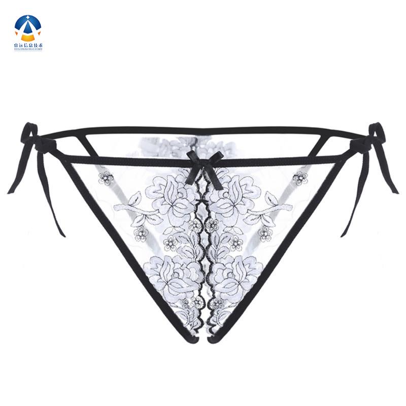 

Women's Panties Exquisite Embroidery Open Crotch Ladies Low Waist See-through Hollow Mesh Temptation Thongs Free T-pants, Blue