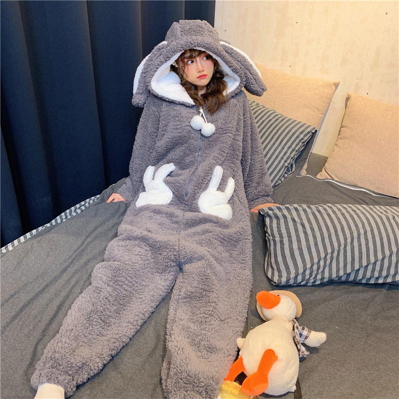 

Winter Thicken Onesie Pajamas Women Warm Plush Kawaii Animal Rabbit One Piece Cosplay Bunny Homewear Sleepwear Jumpsuit Costume, White