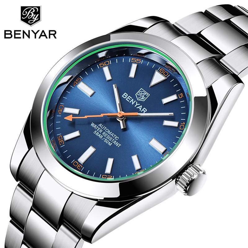 

Wristwatches BENYAR Top Brand Men Automatic Watches Stainless Steel Waterproof 50M Mechanical 2021 Luxury, Black