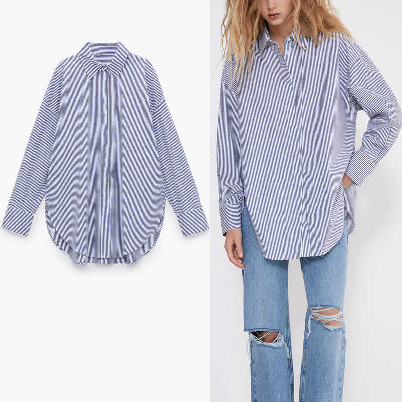 

ZA Oversized Striped Shirt Women Long Sleeve Irregular Roomy Shirts Female Fashion Front Button Side Vents Office Top 210602, Blue
