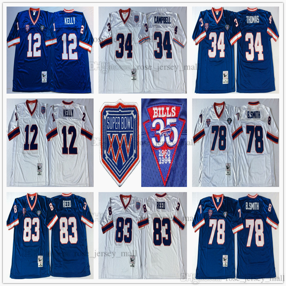 

NCAA 75th Vintage Football 12 Jim Kelly Jersey 34 Thurman Thomas 78 Bruce Smith 83 Andre Reed Jersey Mitchell&Ness College Blue White, Same as picture